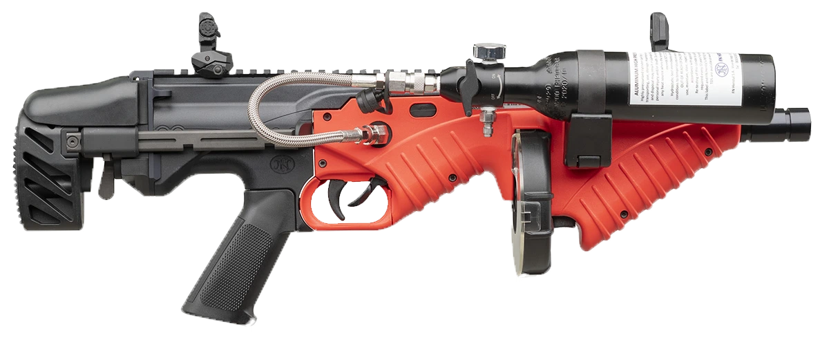 black and orange fn 303 tactical with different buttstock side